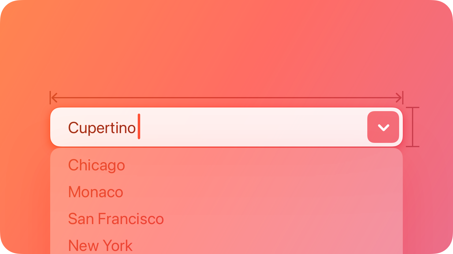 A stylized representation of a combo box control displaying a list of cities. The image is tinted red to subtly reflect the red in the original six-color Apple logo.