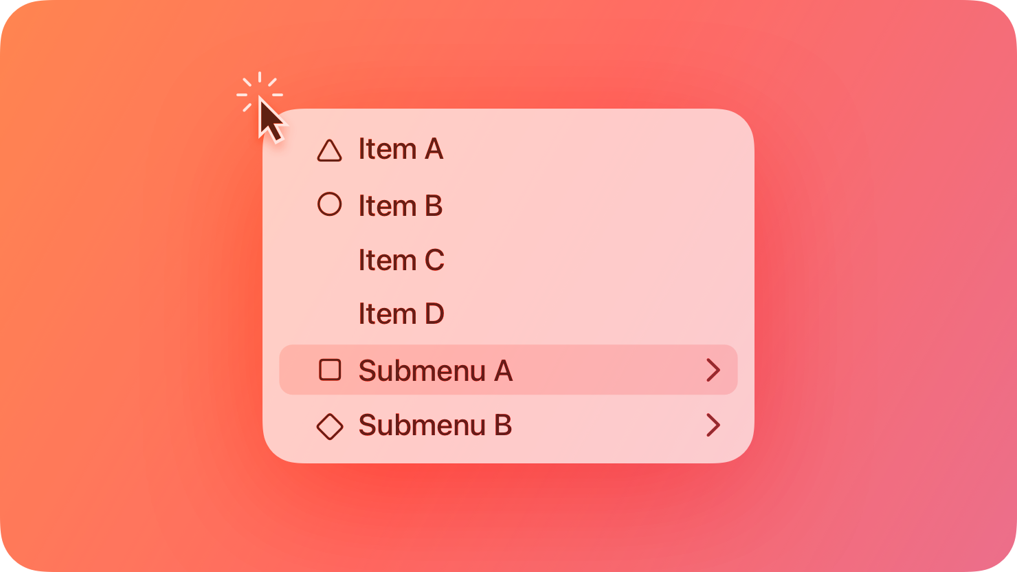 A stylized representation of a contextual menu beneath a clicking pointer. The image is tinted red to subtly reflect the red in the original six-color Apple logo.