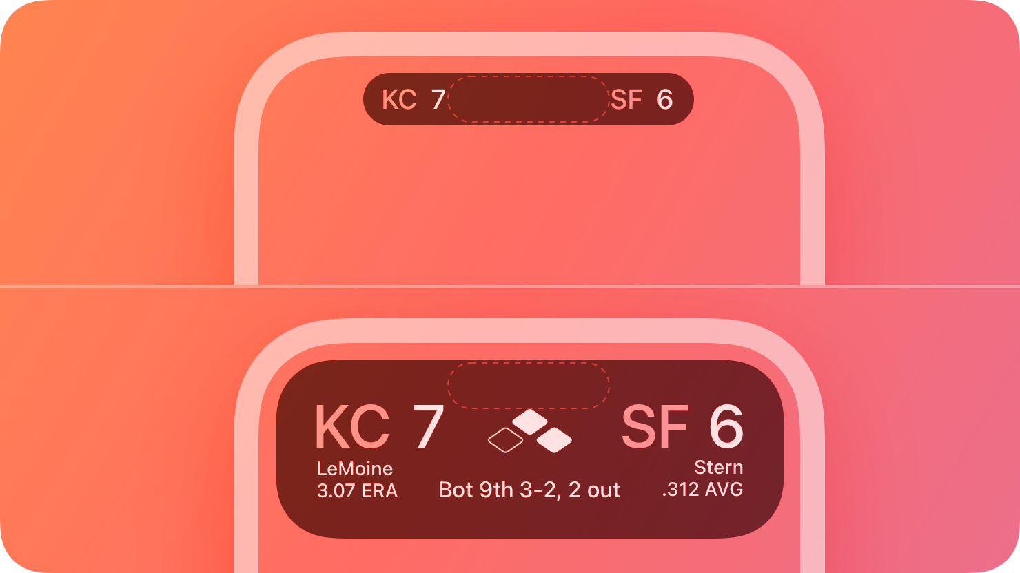 A stylized representation of the Dynamic Island, in collapsed and expanded form, displaying the score of a live sporting event. The image is tinted red to subtly reflect the red in the original six-color Apple logo.