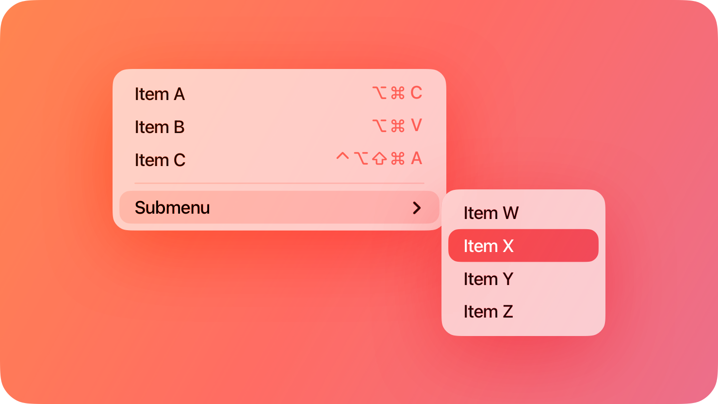 A stylized representation of a menu containing a selected item and displaying a submenu. The image is tinted red to subtly reflect the red in the original six-color Apple logo.
