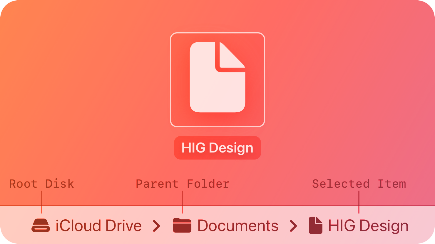 A stylized representation of a path control for a HIG Design document showing its root disk, parent folder, and selected item. The image is tinted red to subtly reflect the red in the original six-color Apple logo.