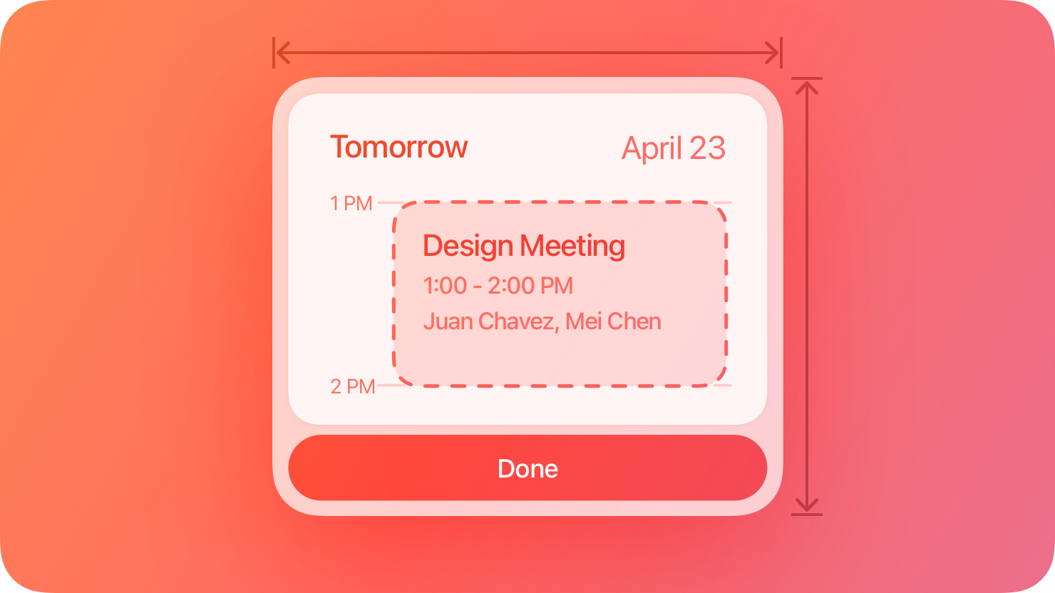 A stylized representation of a snippet, showing a proposed date and time for a Calendar event along with a Done button. The image is tinted red to subtly reflect the red in the original six-color Apple logo.