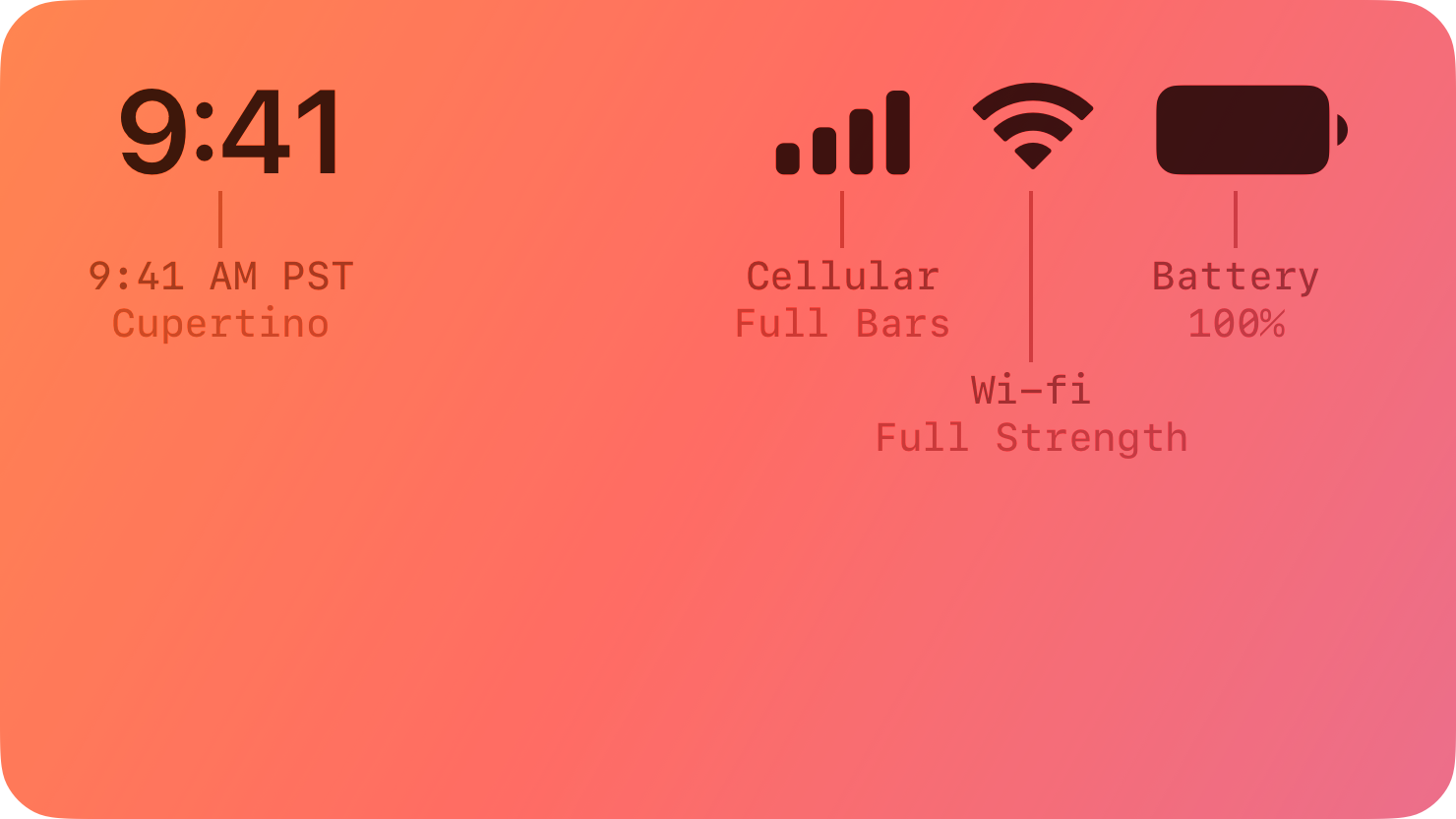 A stylized representation of an iPhone status bar with labels showing the time and cellular, Wi-Fi, and battery levels. The image is tinted red to subtly reflect the red in the original six-color Apple logo.