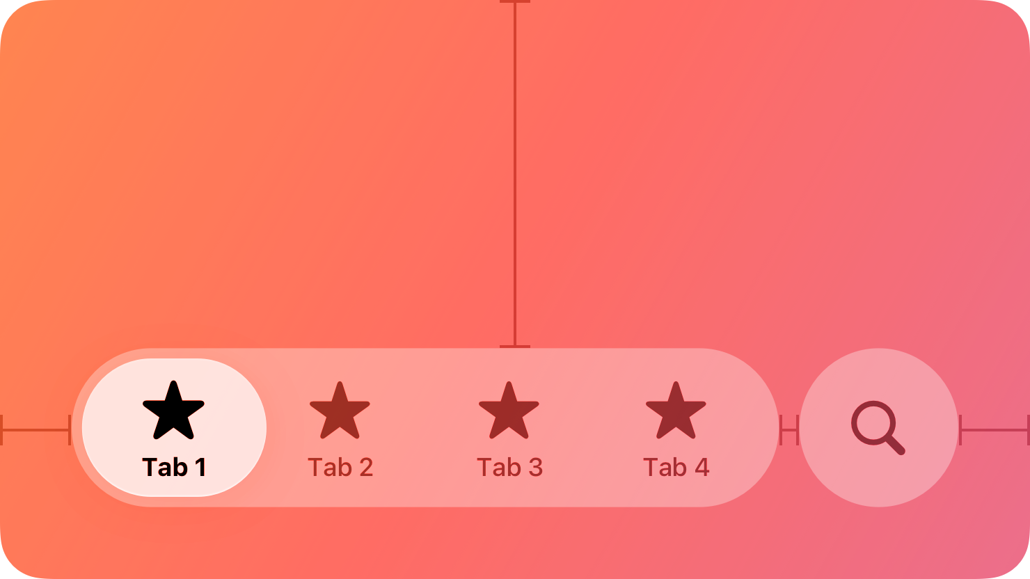A stylized representation of a tab bar containing four placeholder icons with names. The image is tinted red to subtly reflect the red in the original six-color Apple logo.