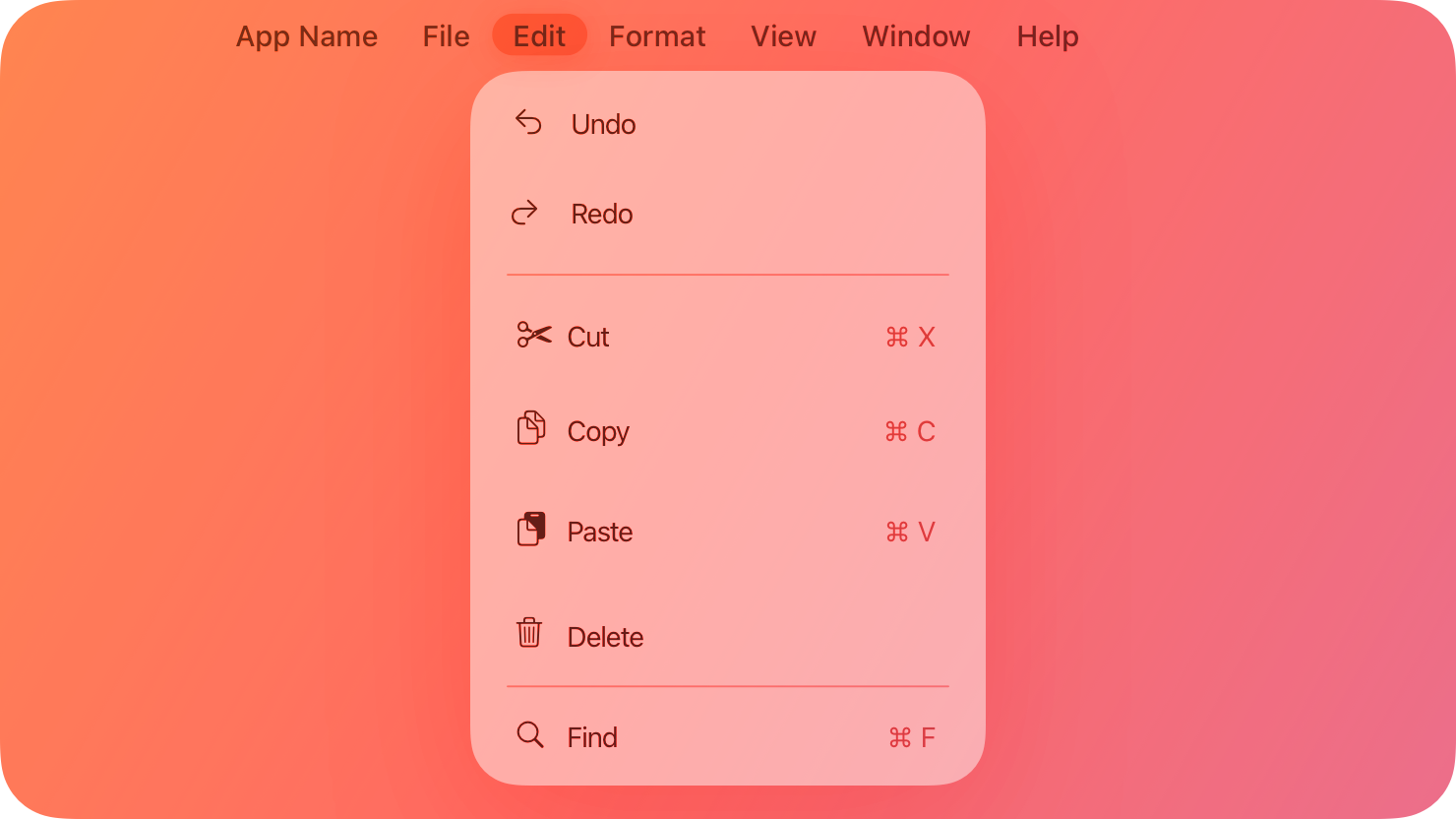 A stylized representation of the macOS menu bar displaying a selected menu. The image is tinted red to subtly reflect the red in the original six-color Apple logo.
