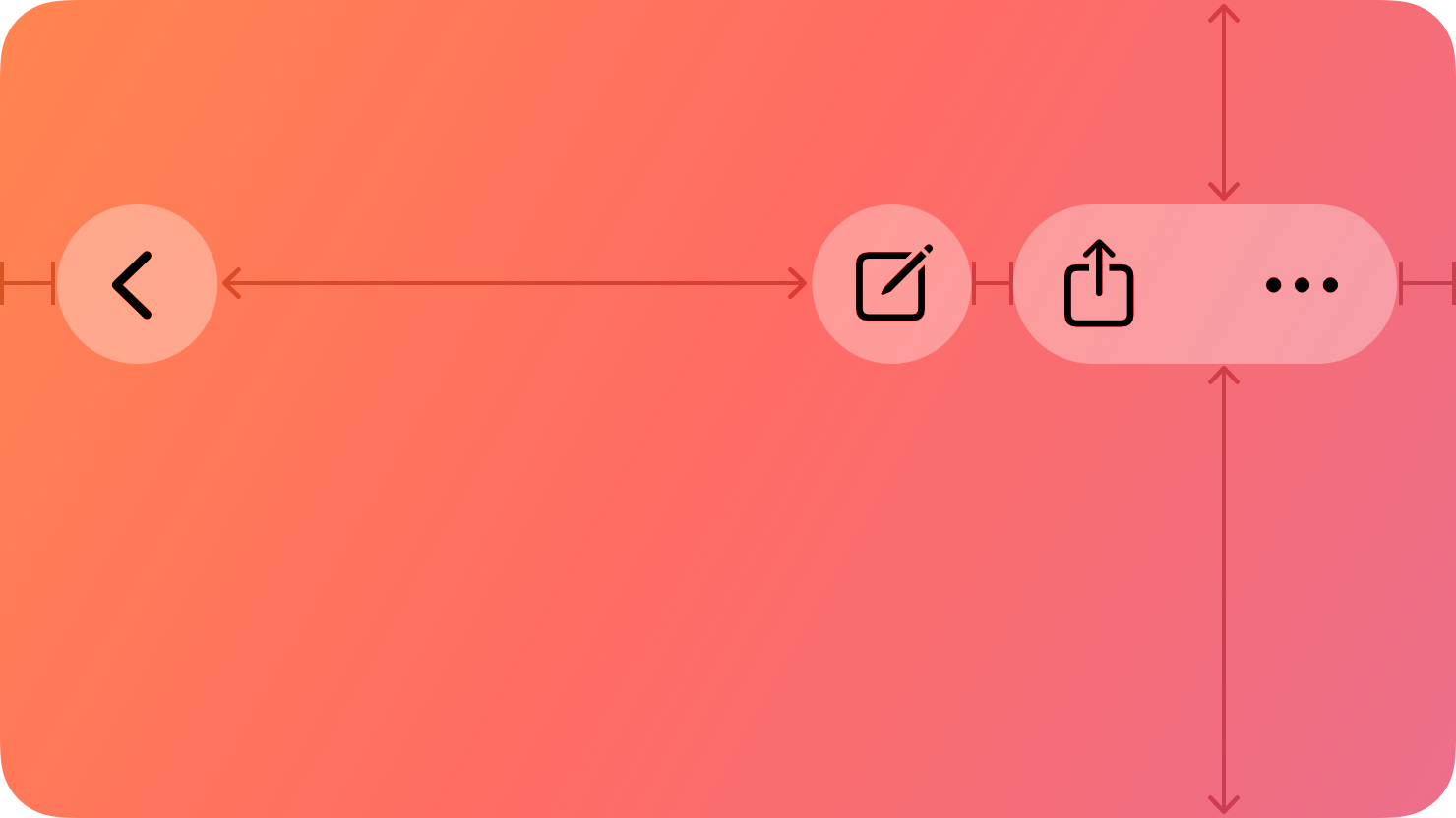 A stylized representation of a toolbar, with a Back control on the leading edge, and Compose, Share, and the More menu on the trailing edge. The image is tinted red to subtly reflect the red in the original six-color Apple logo.