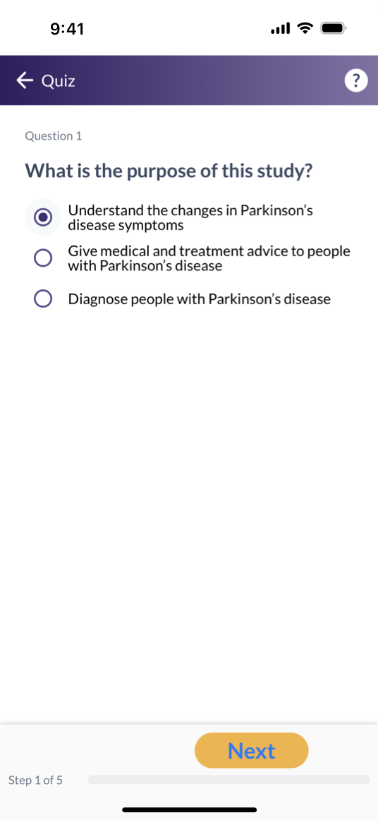 A screenshot that shows a ResearchKit app's quiz screen on iPhone. The screen displays a multiple-choice question designed to make sure people understand the study. The bottom of the screen includes a 'Next' button, and the top of the screen includes a button for returning to the previous screen and a button for help.