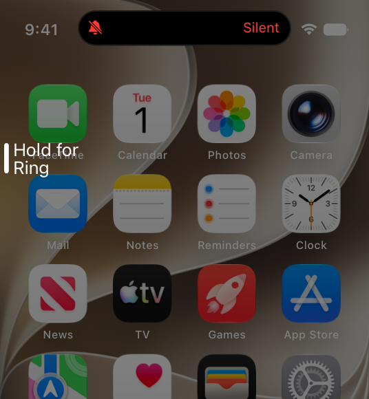 A partial screenshot of the Home Screen on iPhone that displays hint text for the Action button. The hint text is Hold for Ring.