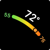 The weather values fifty-five, shown in green, and seventy-six, shown in orange, displayed with a shaded solid bar between them. The bar shades from green to orange to match the values. The text and the bar appear to follow the curve of the top-right quadrant of a circle. The value seventy-two degrees appears in large white text above the temperature range.