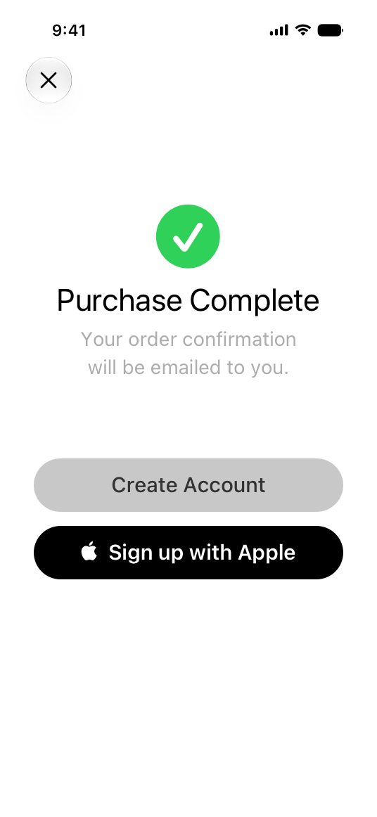 An illustration representing an order confirmation screen on iPhone. The screen includes buttons titled 'Create Account' and 'Sign up with Apple'.
