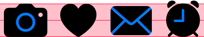 Diagram of the same four glyphs shown above and the same horizontal dashed lines at top and bottom and horizontal red line through the middle. In this diagram, all four glyphs are solid gray; the interior detail lines are black to emphasize that all lines use the same weight.