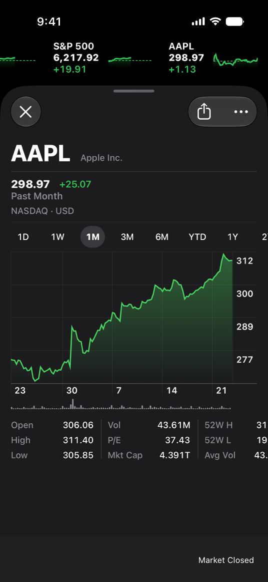 A screenshot of the Stocks app on iPhone in its standard dark-only appearance, showing the Apple Inc. stock in detail. The view includes a summary of the current stock price along with a graph of its performance over the past year.