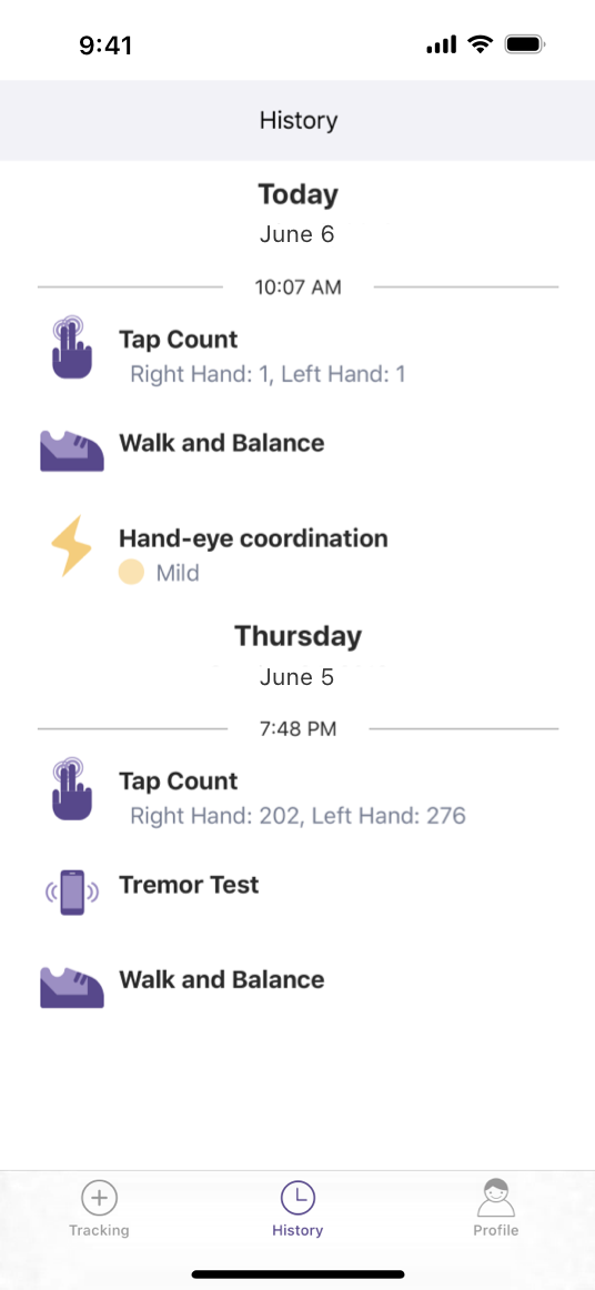 A screenshot that shows a ResearchKit app's history screen on iPhone. This particular screen shows a log of active tasks performed over two days. The bottom of the screen includes tabs for 'Tracking', 'History' and 'Profile'. The active tab is 'History'.