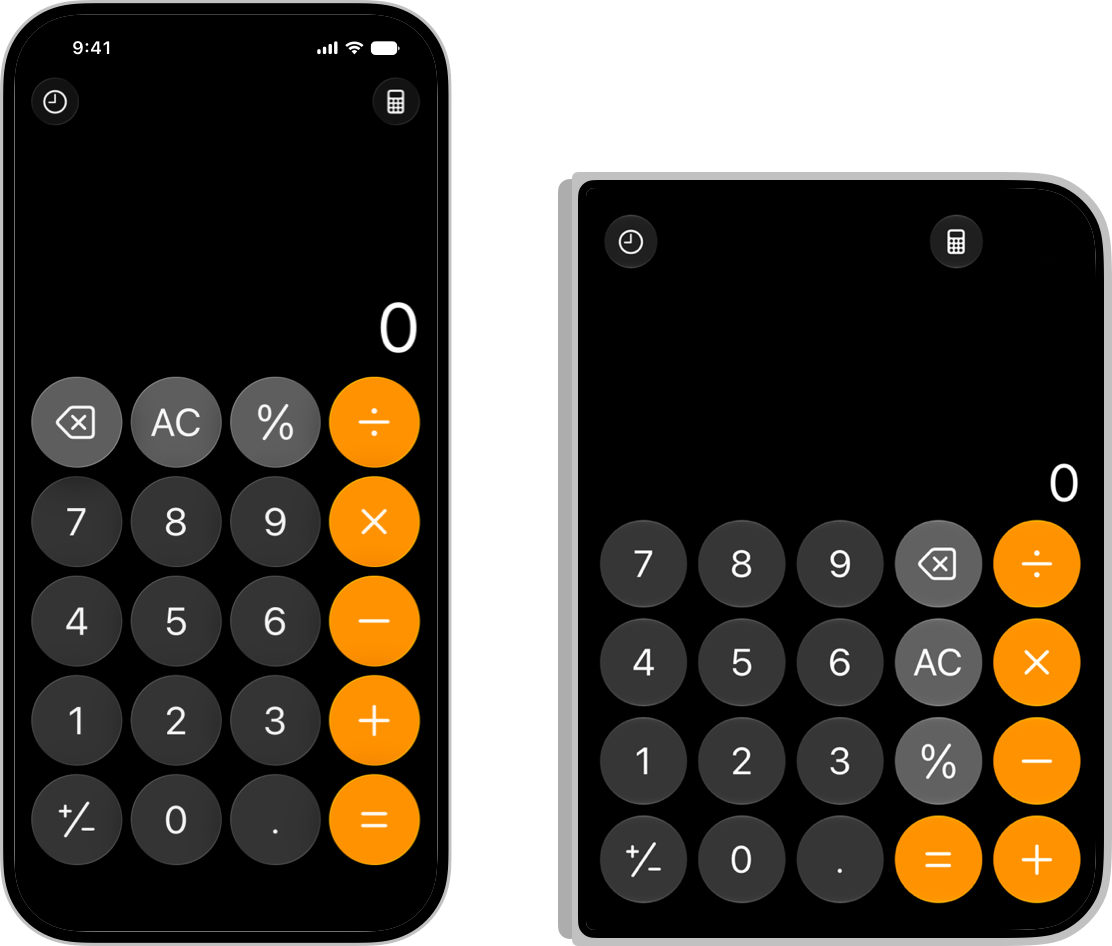 Screenshots of Calculator on iPhone 16 in portrait (left) and the outer display of iPhone Duo (right). The layout for iPhone 16 places buttons in four columns of five items each, while the layout for iPhone Duo places buttons in five columns of four items each.