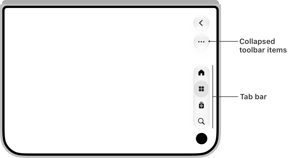 A diagram of the outer display of iPhone Duo in landscape, with a callout indicating the full tab bar and a callout indicating toolbar items collapsed into the overflow menu.