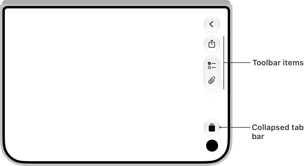 A diagram of the outer display of iPhone Duo in landscape, with a callout indicating the full toolbar and a callout indicating the tab bar collapsed into a single control.