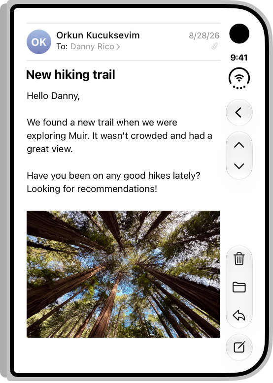 A screenshot of Mail on the outer display of iPhone Duo, showing the contents of an email.
