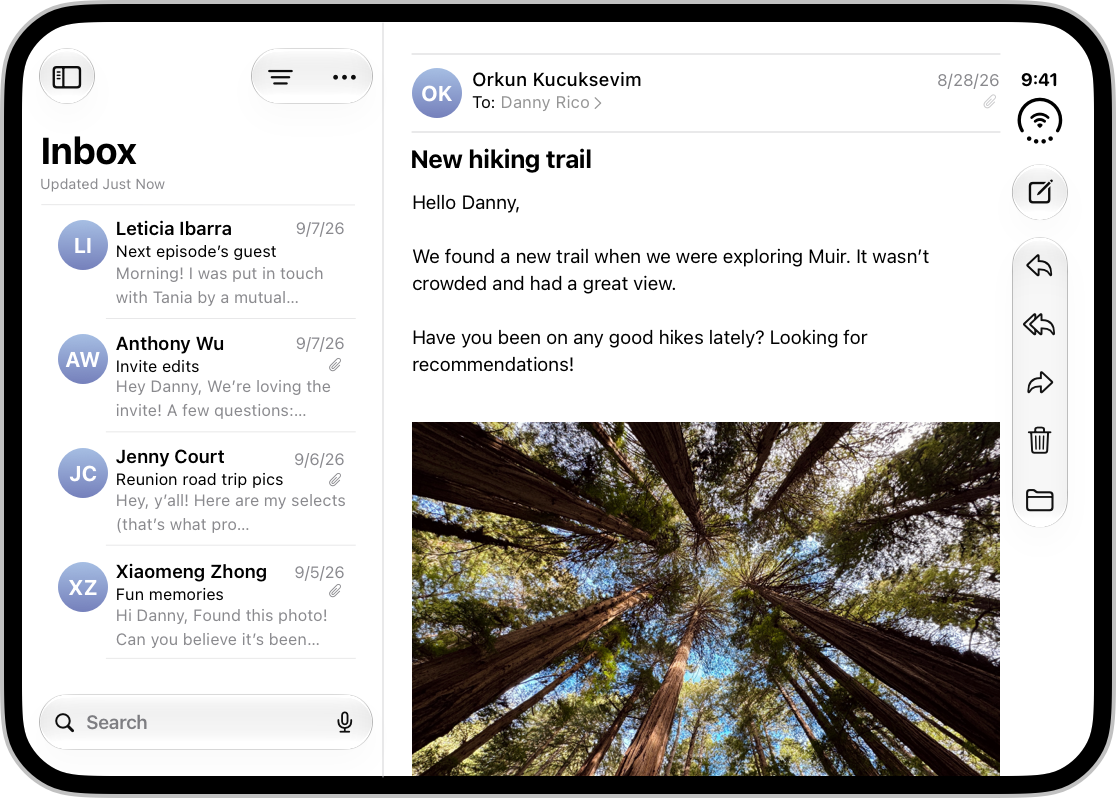 A screenshot of Mail on the inner display of iPhone Duo, showing a list of emails on the leading side and the contents of an email on the trailing side.