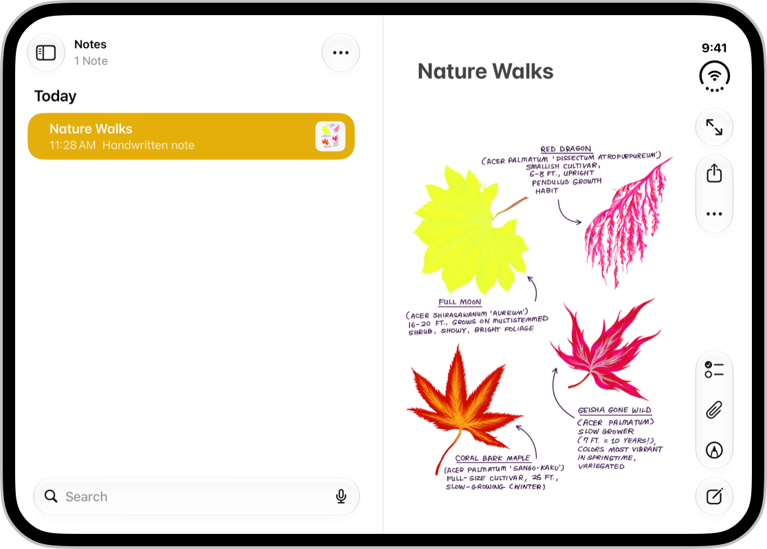 A screenshot of the Notes app on the inner display of iPhone Duo, representing the display when partially folded. The leading pane shows a list of notes and is the same width as the trailing pane, which shows the contents of a note.