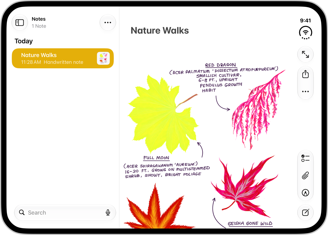 A screenshot of the Notes app on the inner display of iPhone Duo, representing the display when fully open. The leading pane shows a list of notes and is narrower than the trailing pane, which shows the contents of a note.