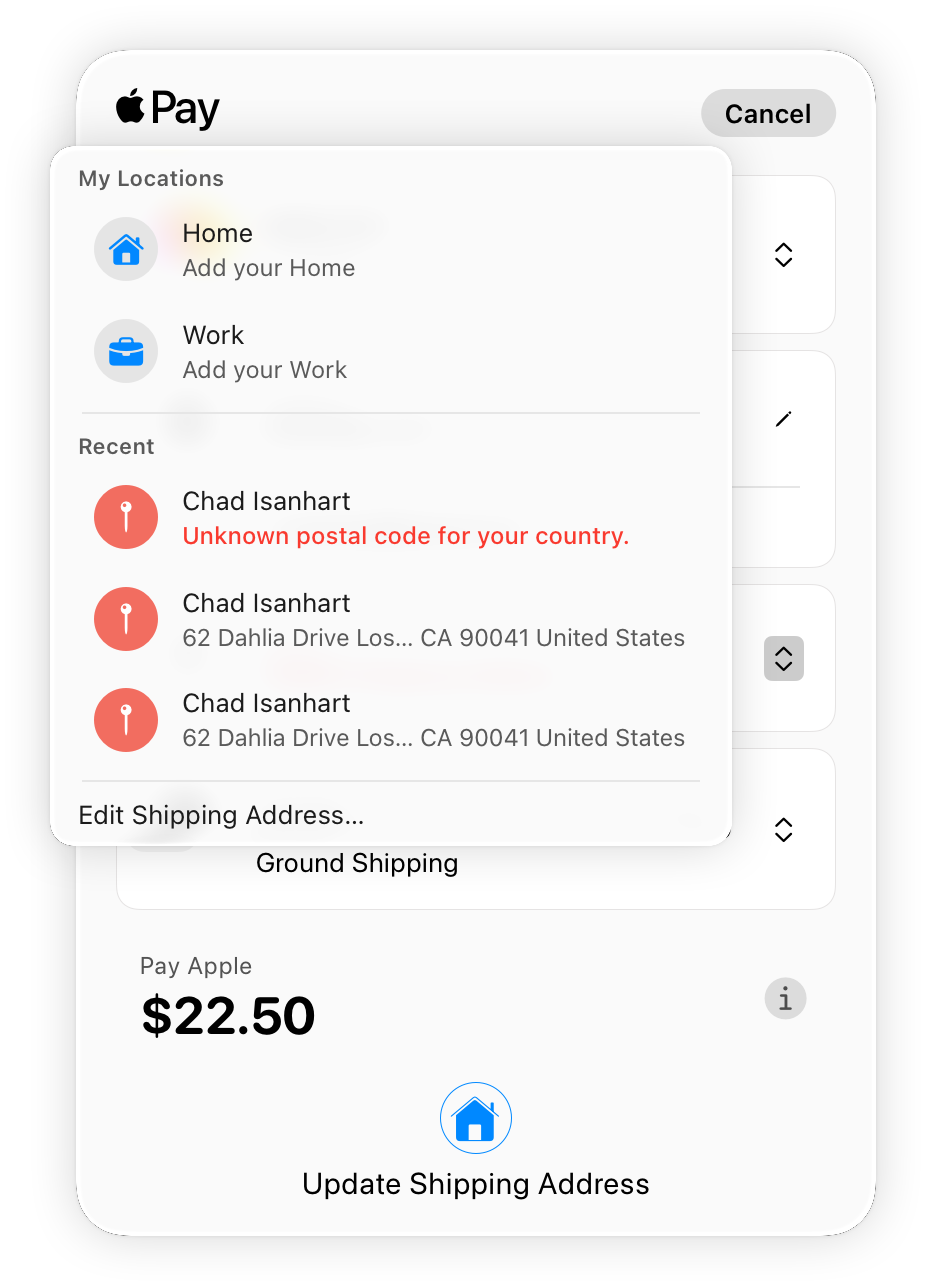 A screenshot of a webpage Apple Pay payment sheet that shows an error with the shipping address. An overlay appears over the payment sheet and denotes the postal code doesn't match the country for the selected address. Options exist to select a different shipping address or edit the shipping address.