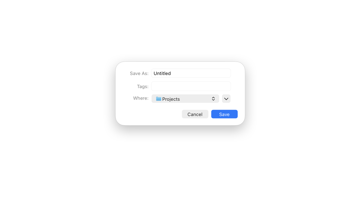 A screenshot of a collapsed save dialog in macOS. The dialog includes a closed disclosure button that expands the dialog to reveal additional options.