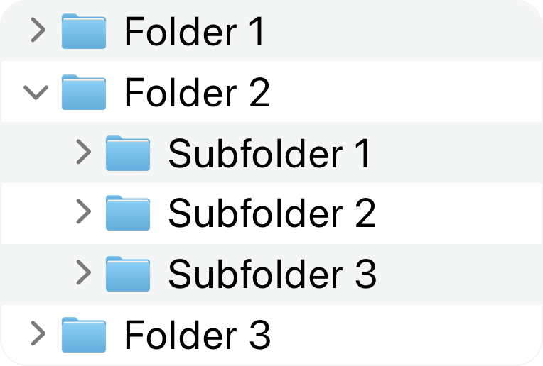 An illustration of three folders in a Finder list view. The first and third folders are collapsed, with disclosure triangles on their leading edges pointing inward to indicate that they can be expanded to reveal their contents. The second folder is expanded, with its disclosure triangle pointing down, revealing three subfolders inside.