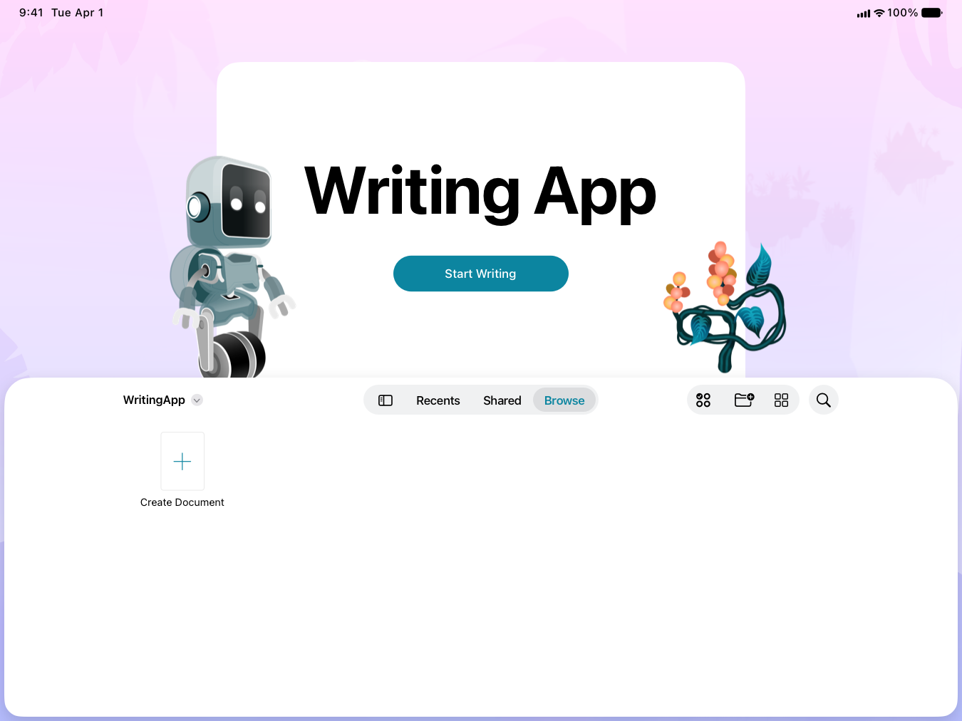 A screenshot of a writing app's document launcher on iPad in landscape orientation. The document launcher displays a custom background and two accessory images. At the bottom, the file browser sheet provides 3 tabs: Recents, Shared, and Browse.
