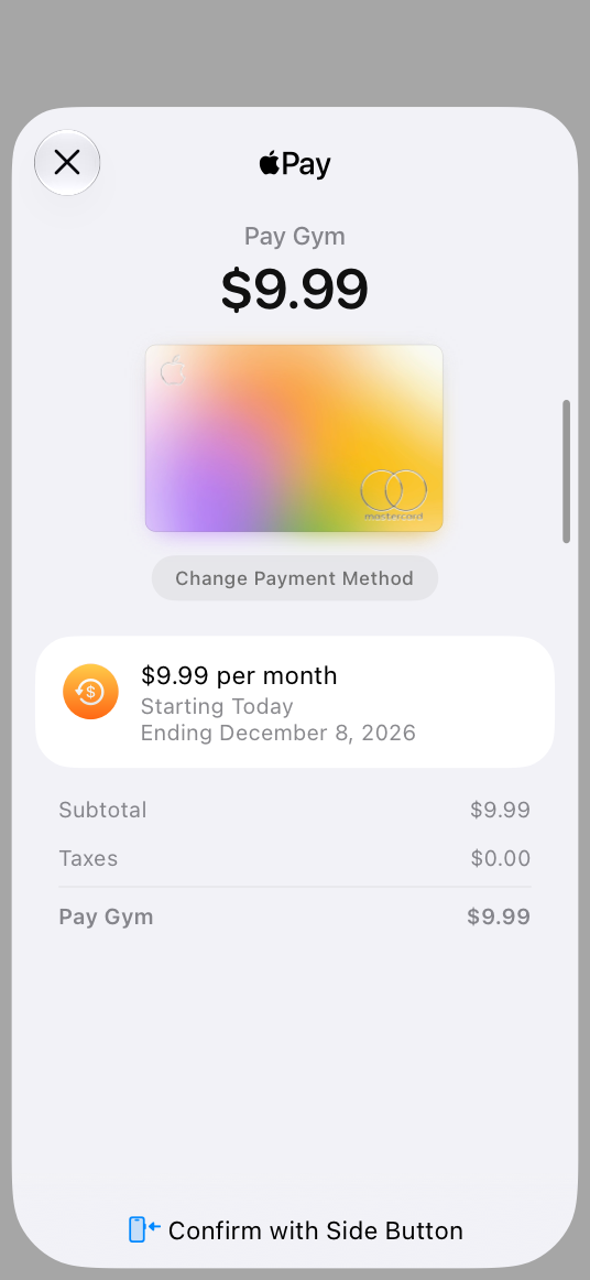 A screenshot of an in-app Apple Pay payment sheet for a fixed subscription, which includes a monthly amount.