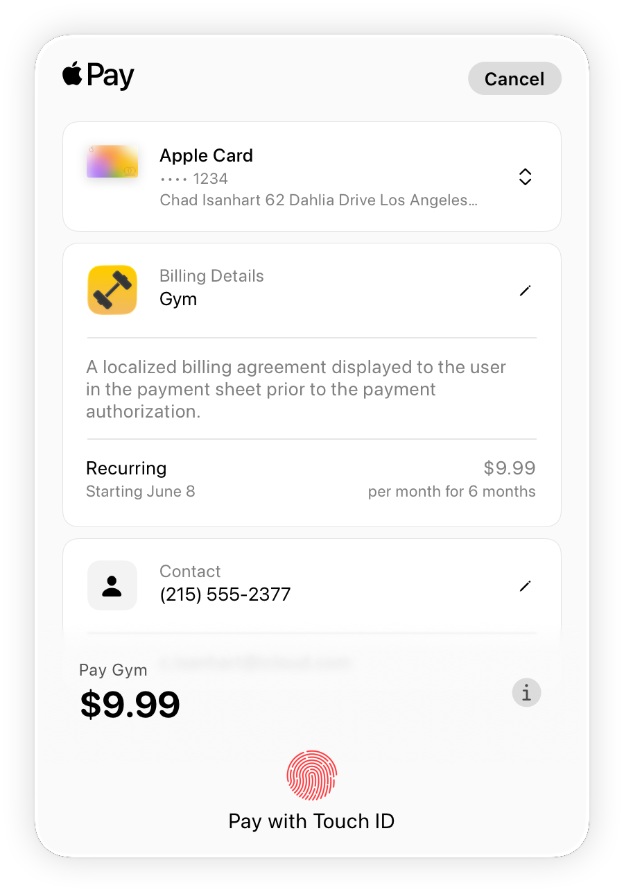 A screenshot of a webpage Apple Pay payment sheet for a fixed subscription, which includes a monthly amount.
