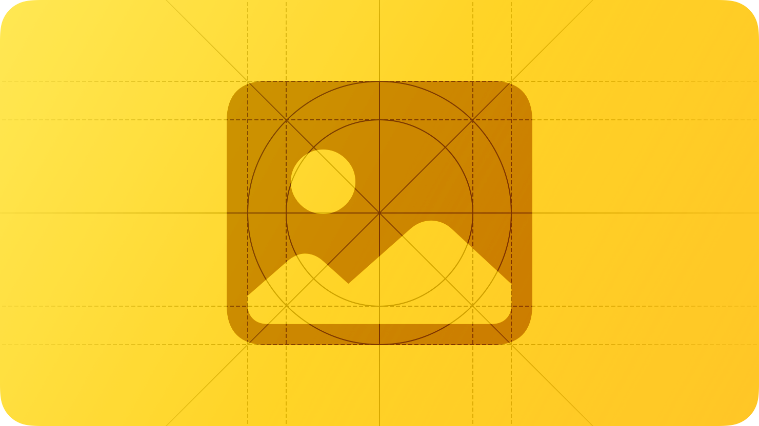 A sketch of a photo, suggesting imagery. The image is overlaid with rectangular and circular grid lines and is tinted yellow to subtly reflect the yellow in the original six-color Apple logo.