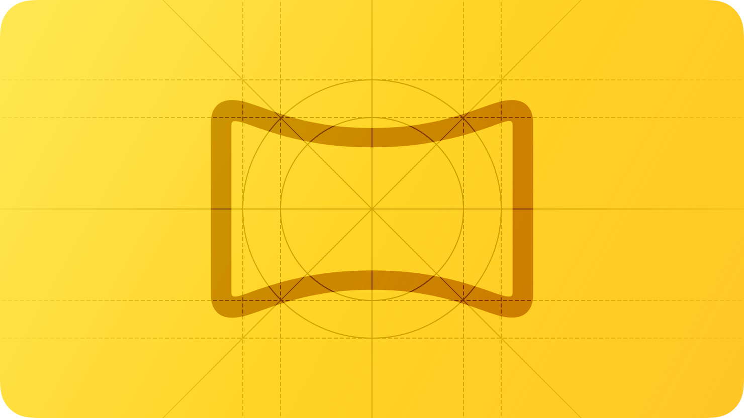 A sketch that suggests Apple Vision Pro. The image is overlaid with rectangular and circular grid lines and is tinted yellow to subtly reflect the yellow in the original six-color Apple logo.