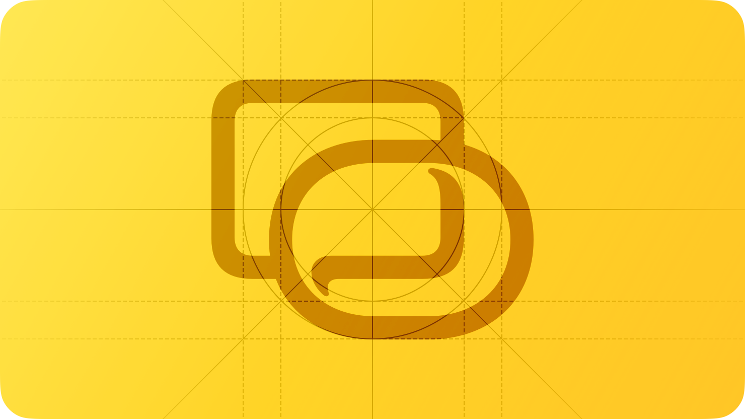 A sketch of a capsule shape overlapping a square. A subtle bend in the edges of the square that are beneath the capsule suggests the layering of the Liquid Glass material over background content. The image is overlaid with rectangular and circular grid lines and is tinted yellow to subtly reflect the yellow in the original six-color Apple logo.