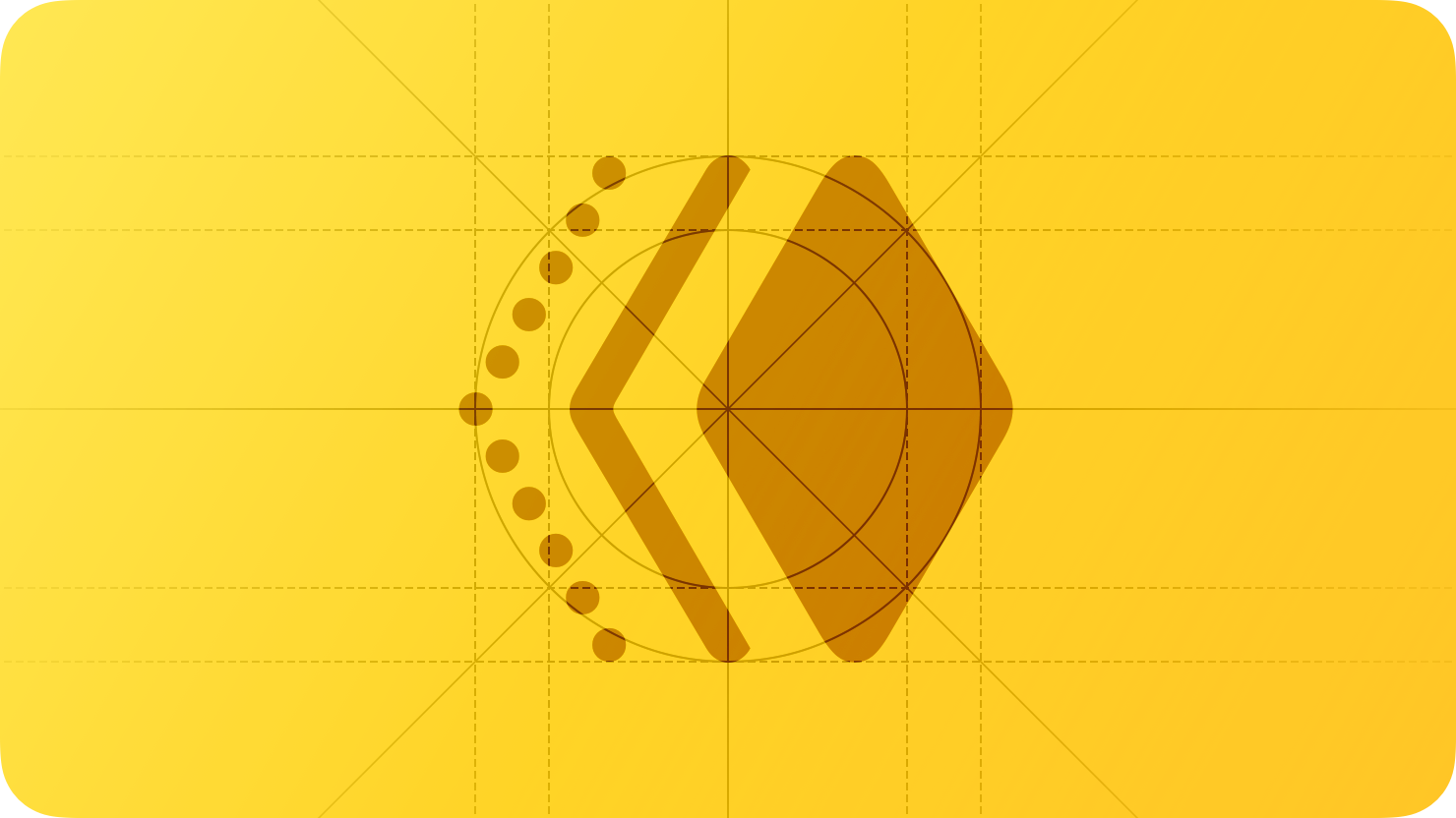 A sketch of three overlapping diamonds, suggesting the movement of an element from left to right. The image is overlaid with rectangular and circular grid lines and is tinted yellow to subtly reflect the yellow in the original six-color Apple logo.