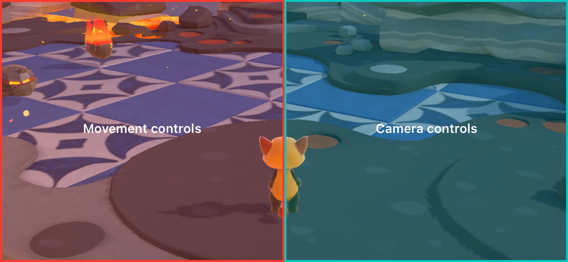 A graphic that shows placement for movement controls on the left side of the screen, and placement for camera controls on the right side of the screen.