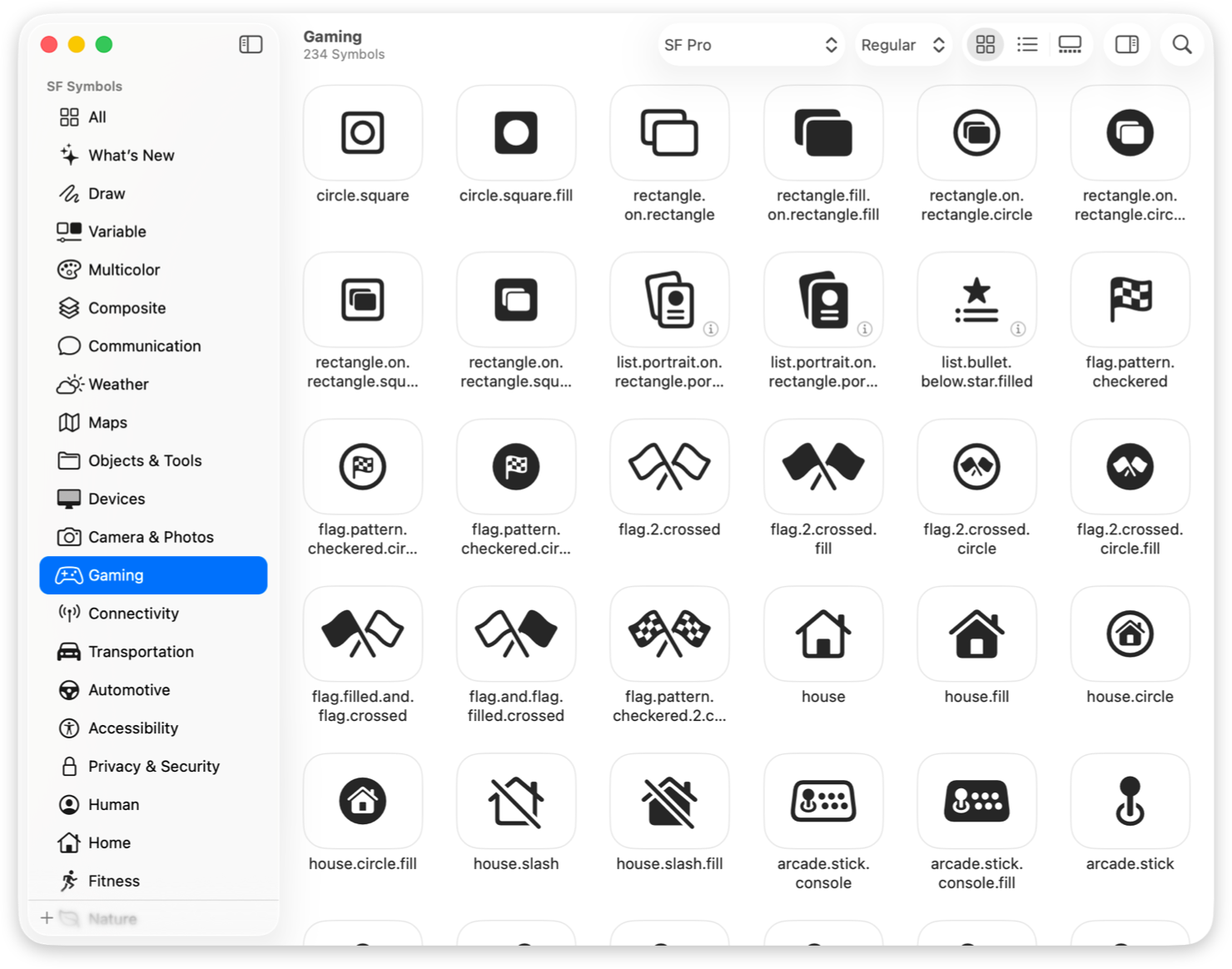 A screenshot of the SF Symbols app showing symbols in the Gaming category.