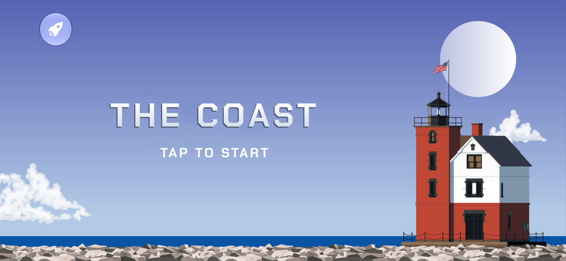 An iPhone screenshot of the game The Coast, on the title screen. The access point control, a circular button with a diagonal rocket symbol, sits in the upper corner on the leading edge.