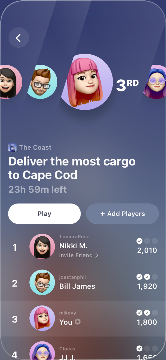An iPhone screenshot of the game The Coast with the Game Overlay open, showing the detail view of a single challenge.
