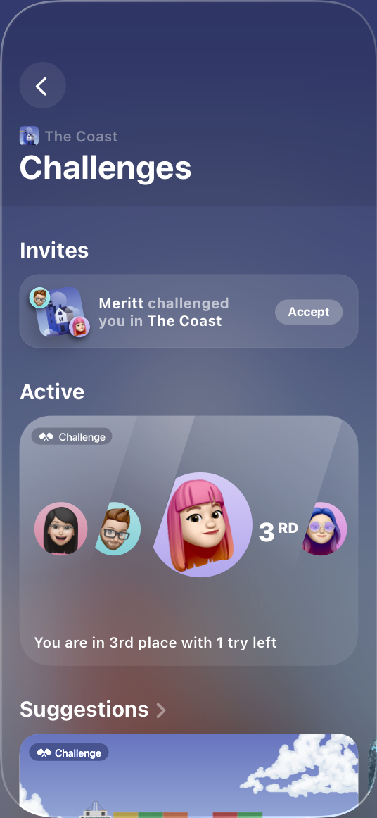 An iPhone screenshot of the game The Coast with the Game Overlay open, showing the Challenges overview screen.