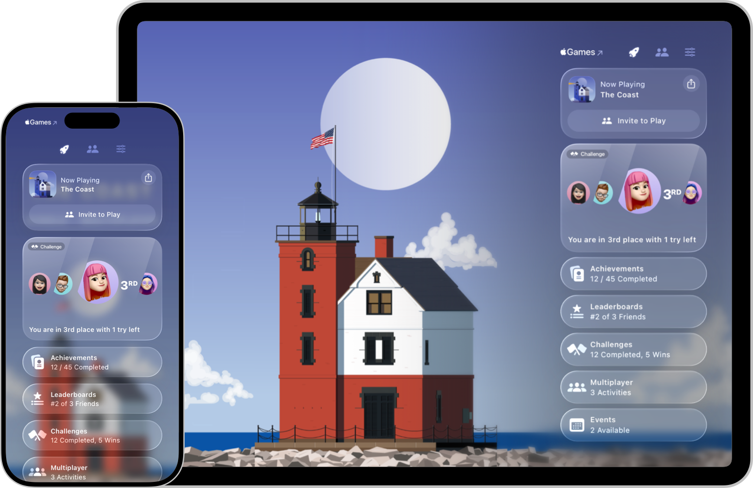 An illustration composed of an iPhone screenshot and an iPad screenshot, both of the game The Coast, with the Game Overlay appearing over the top of each. In the iPhone screenshot the overlay covers the entire screen, while in the iPad screenshot the overlay appears vertically on the trailing edge.