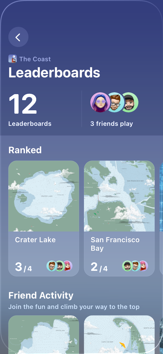 An iPhone screenshot of the game The Coast with the Game Overlay open, showing the Leaderboards overview screen.