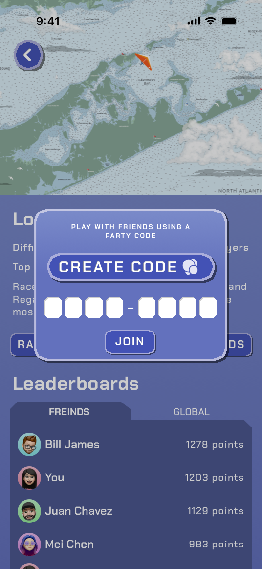 An iPhone screenshot of the game The Coast with the Game Overlay open, showing the in-game UI for setting up or joining a multiplayer activity using a custom code.