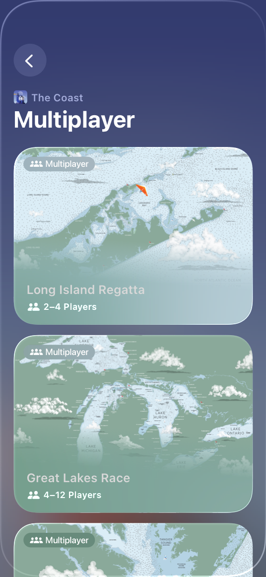 An iPhone screenshot of the game The Coast with the Game Overlay open, showing the Multiplayer levels overview screen.