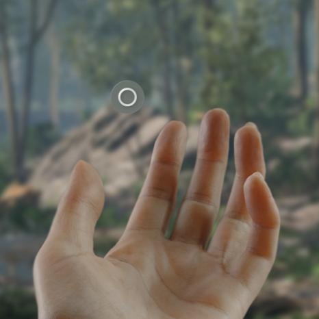An image of a person's open hand with the palm facing upward, shown from the person's perspective. A button with a circle icon representing the Home indicator appears above the palm. The image background shows a forest in a fully immersive space.