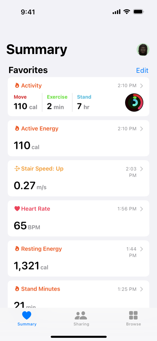 A screenshot of the Health app's summary screen on iPhone, showing current data for activity, active energy, stair speed, heart rate, resting energy, and stand minutes.