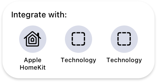 An illustration of three app icons listed in a horizontal row. Text above the icons reads 'Integrate with'. The leftmost app icon is the HomeKit icon in a circle, above the text 'Apple HomeKit'. The remaining two app icons contain squares with dashed frames witihn circles, above text that reads 'Technology'.