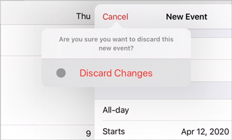 A video snippet showing an alert floating above the top half of a new event popover in Calendar. The alert contains text that reads Are you sure you want to discard this new event? and a button titled Discard Changes. As the pointer moves into the alert button, the button background darkens.