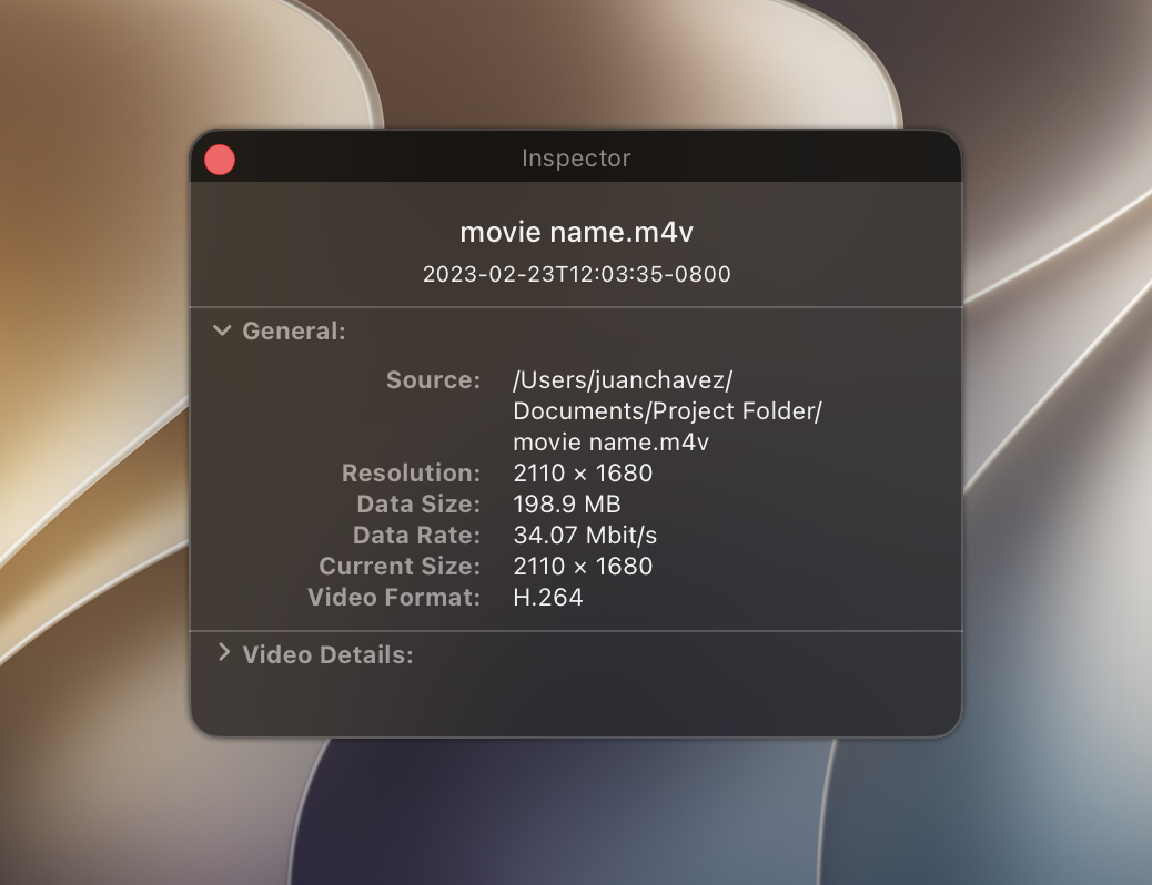 A screenshot of a translucent HUD panel, used to display inspector information for a movie file, including the filename, format, frames per second, data rate, and the frame size of the movie content.