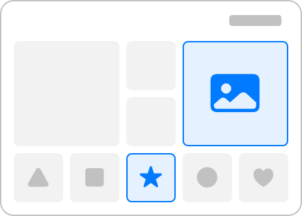 An illustration showing a layout of text and images within a rounded rectangle. A short bar representing text is right-aligned in the upper-right corner. Below the bar is an area that contains four squares, including a blue square with a placeholder image on the right side. From the right, a row of five square areas at the bottom of the rectangle contain the following shapes: heart, circle, star, square, and triangle.