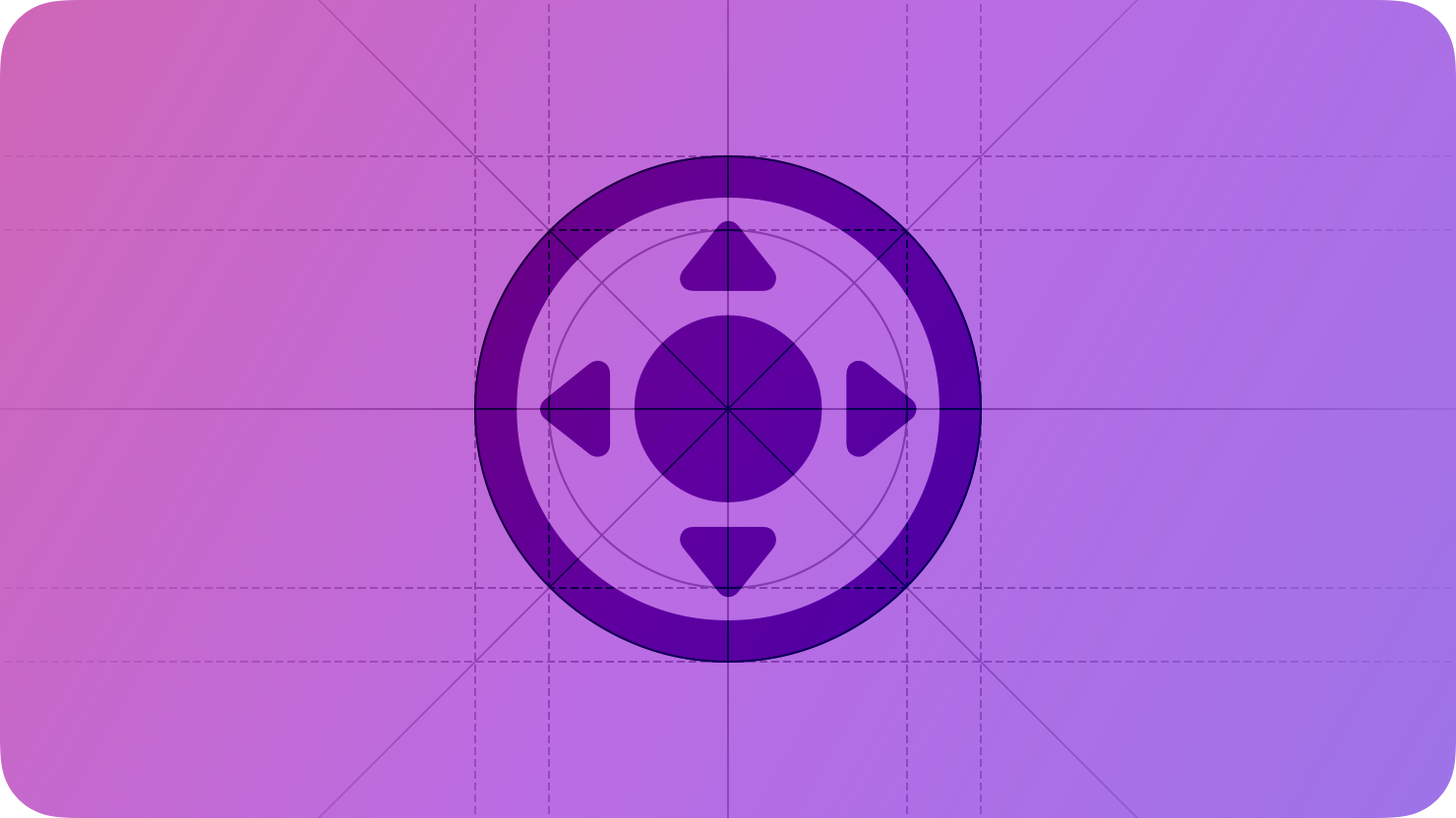 A sketch of a frame around a circular interface element, suggesting locking focus on an object. The image is overlaid with rectangular and circular grid lines and is tinted purple to subtly reflect the purple in the original six-color Apple logo.